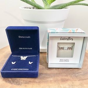 NWT Cubic zirconia silver butterfly earrings necklace and mom butterfly necklace